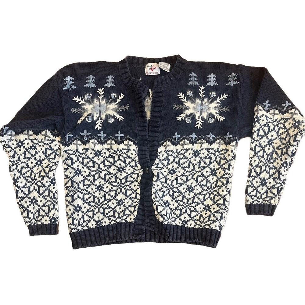 Nutcracker Snowflake Knit Grandma Cardigan Ugly Christmas Winter Sweater Medium